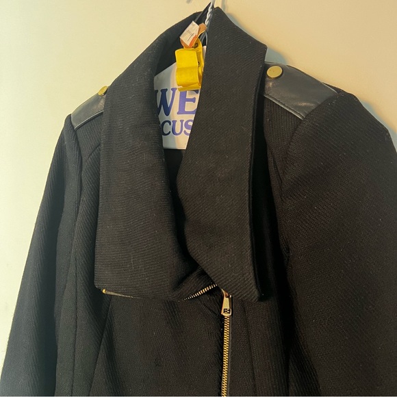French Connection Black Wool Coat with Gold and Leather Detailing - Picture 4 of 6